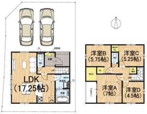 京都府京都市西京区山田車塚町の新築一戸建ての間取り図